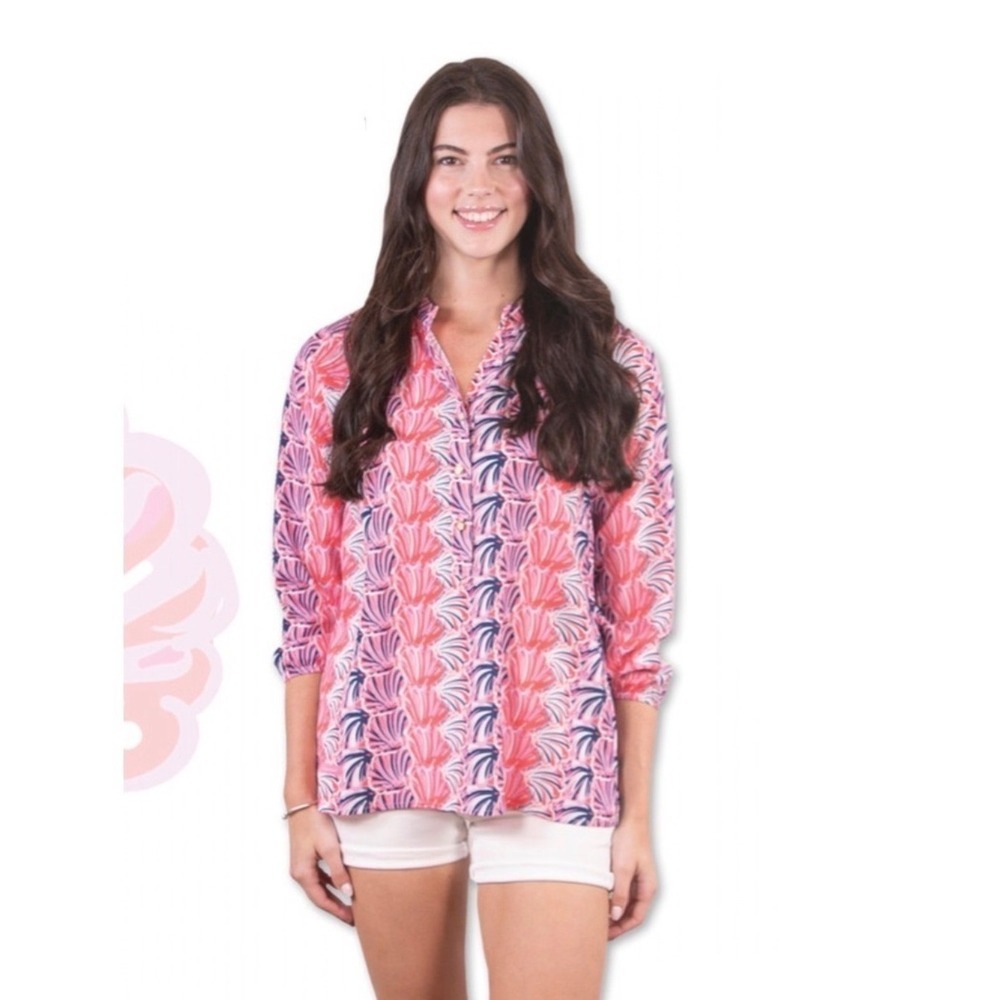Simply Southern Pink Tropical Print Blouse Size Medium Boho Coastal Lightweight